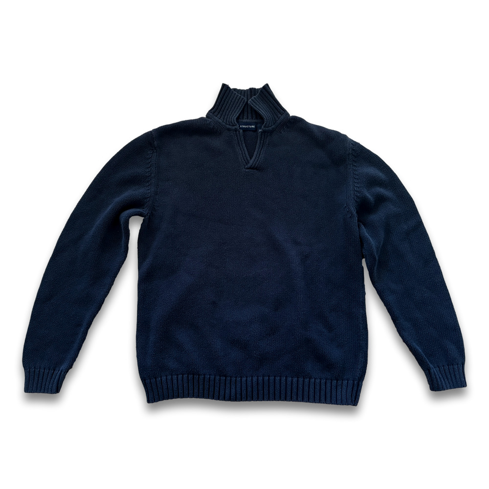 Structure Brand Small Navy Cotton Sweater Slit V Neck Pullover